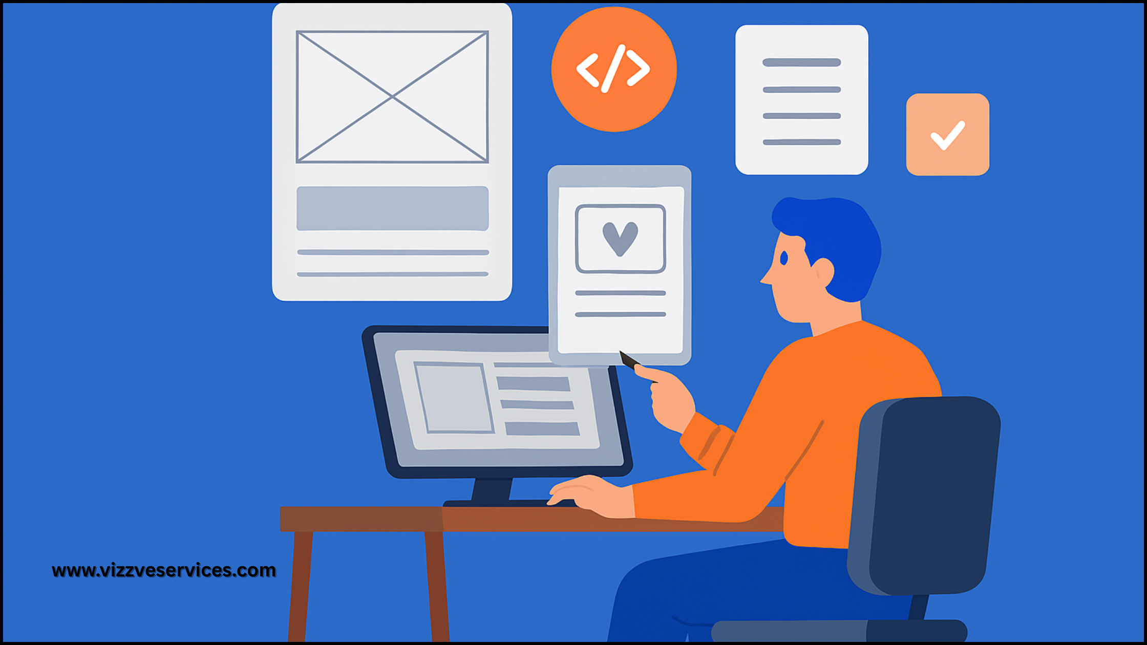 llustration of web designers collaborating over wireframes and digital prototypes for strategic website layout planning